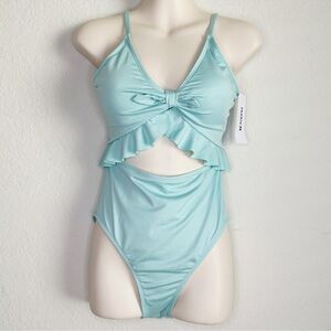 Hurley Turquoise Ocean Blue Ruffle Cutout One Piece Swimsui